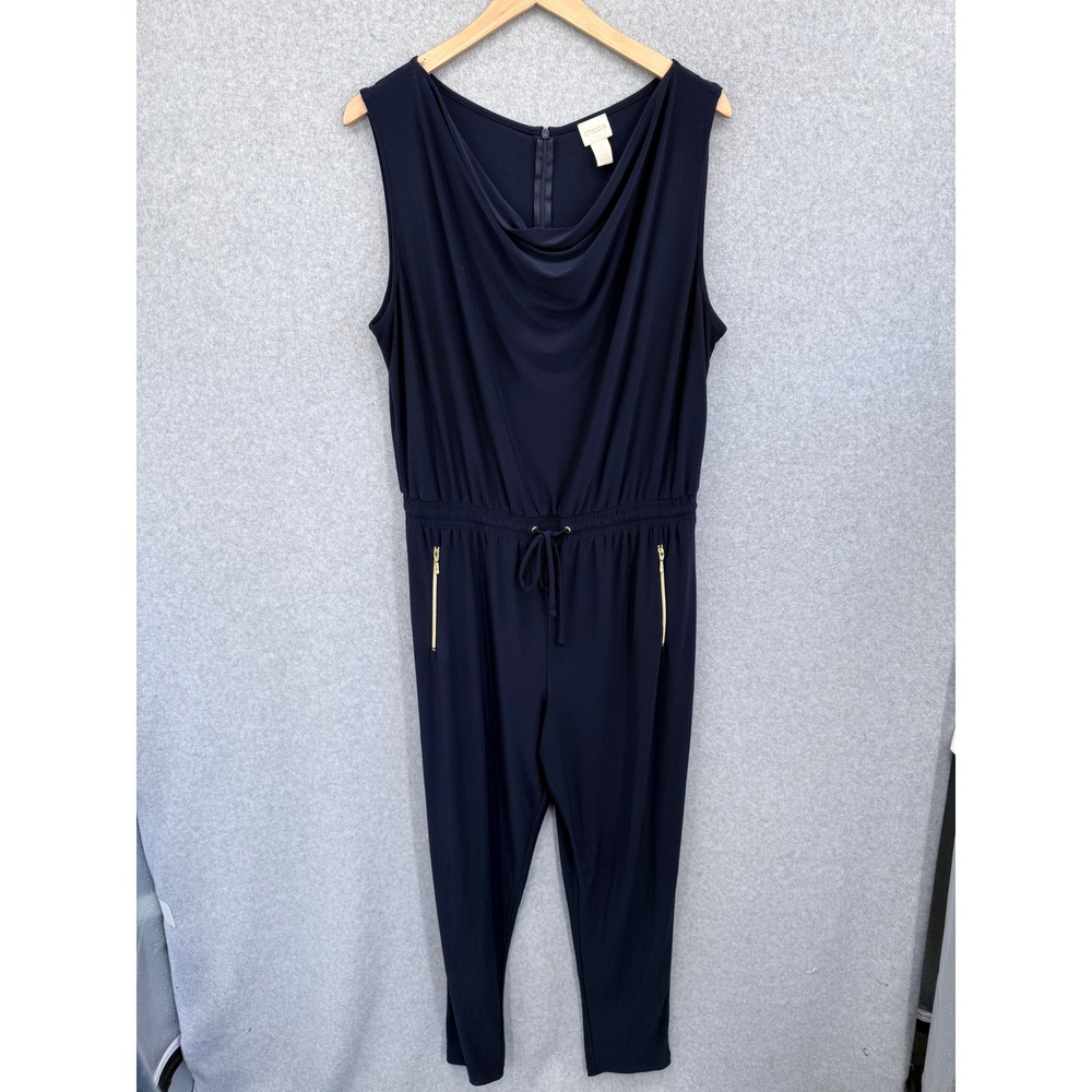 Chico's Jumpsuit Women Size L (2) Navy Sleeveless Drape Neck Gold Zip Pockets